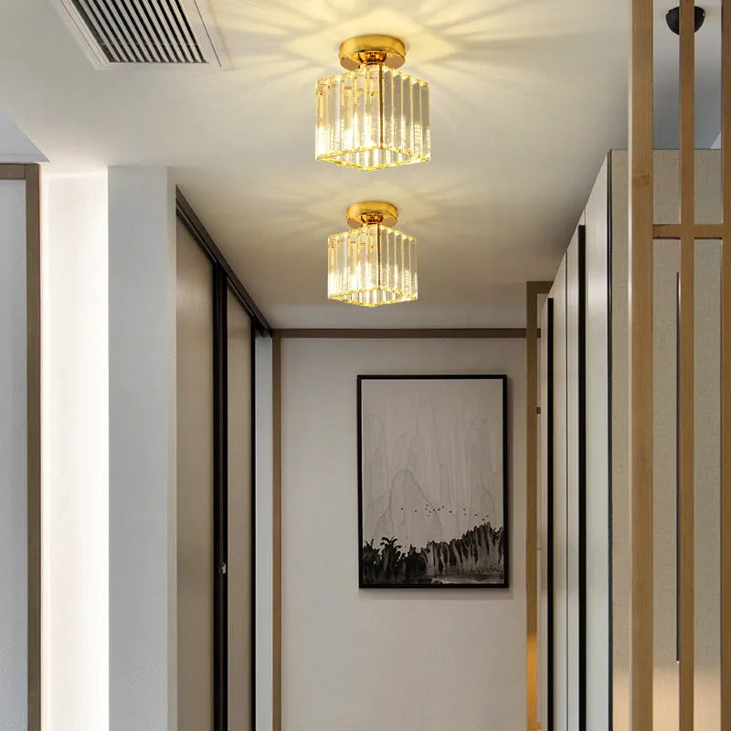 Crystal chandelier ceiling aisle light with red crystal shade, LED warm light, round shape, black finish, for home entrance corridor