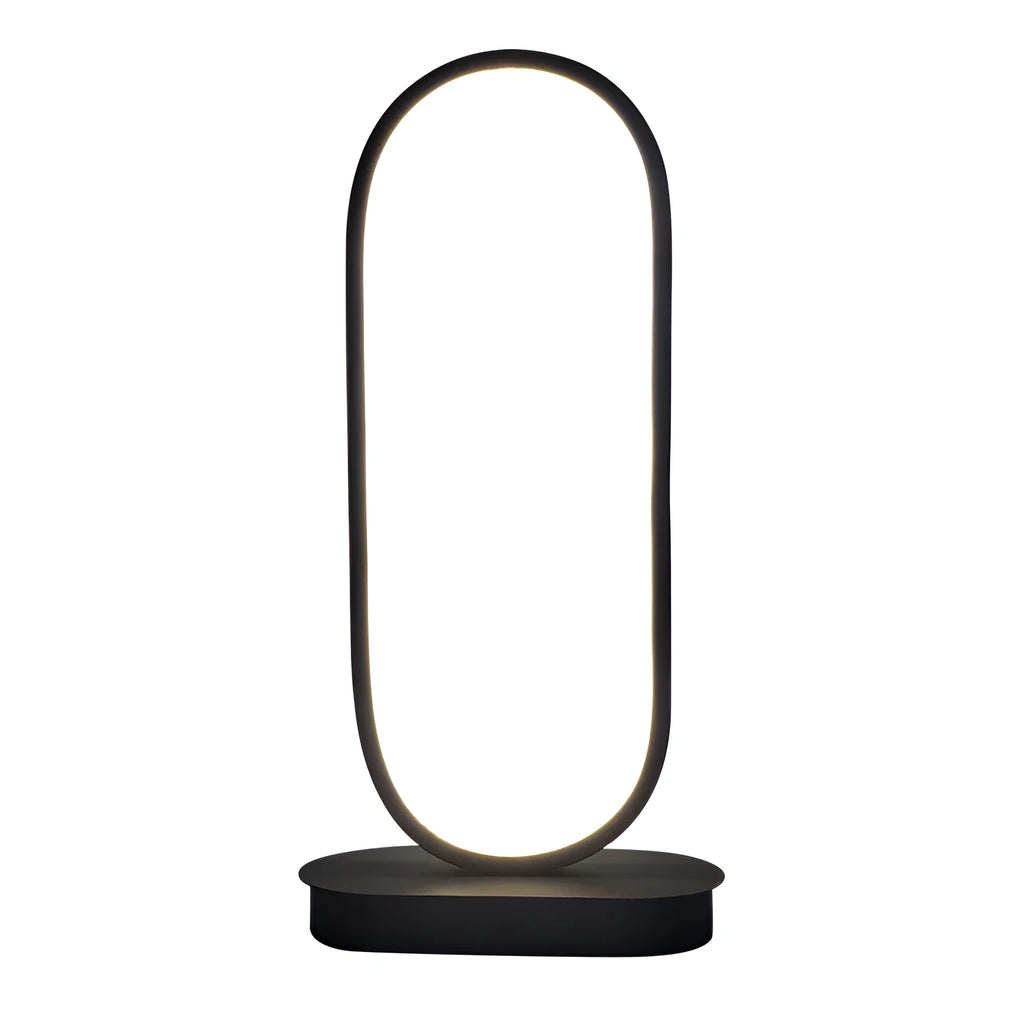 Oval metal table lamp with black finish, LED light, 45cm height, on a wooden surface