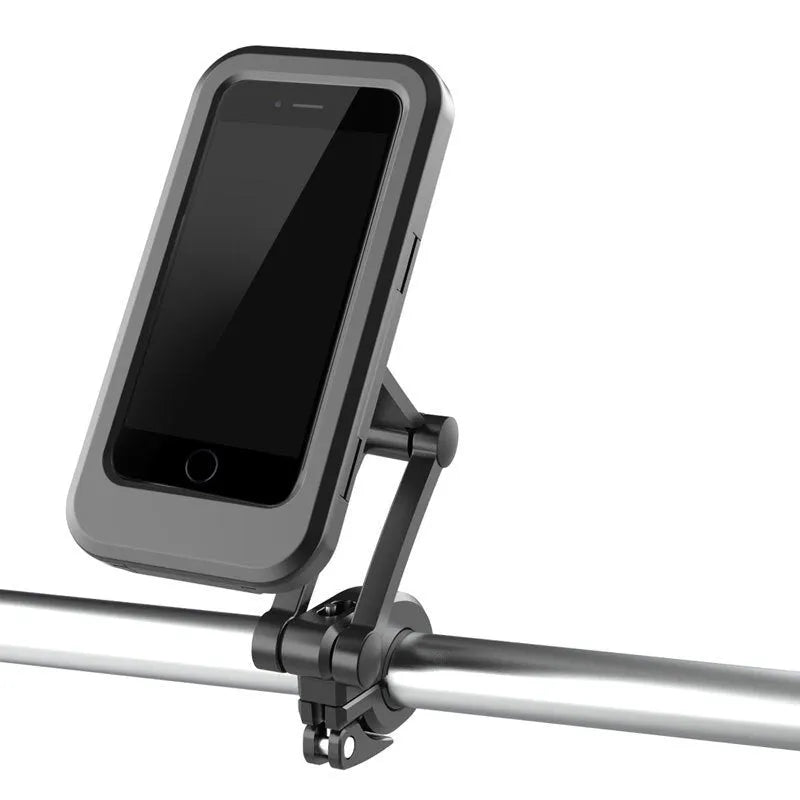 Black waterproof bicycle phone mount with magnetic suction on handlebar holding mobile device