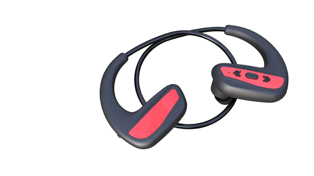 Black and red Bluetooth swimming headset with head-mounted design for pool and running use