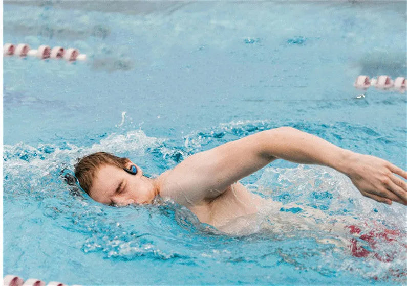 Black and red Bluetooth swimming headset with head-mounted design for pool and running use