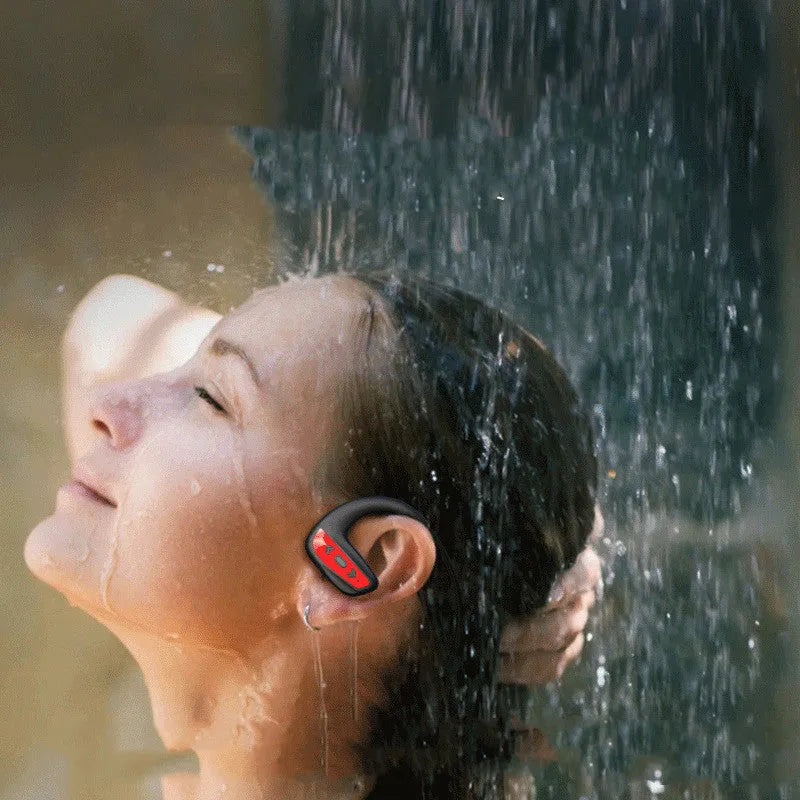 Black and red Bluetooth swimming headset with head-mounted design for pool and running use