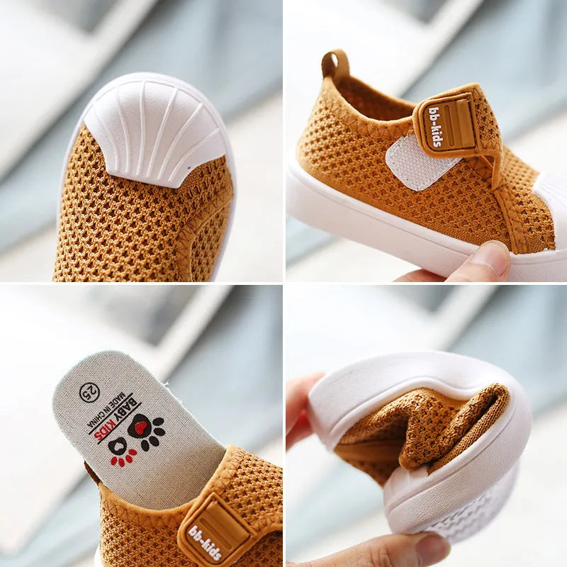 Children's striped casual sneakers with soft PVC non-slip sole in yellow, grey, black, or rubber powder.