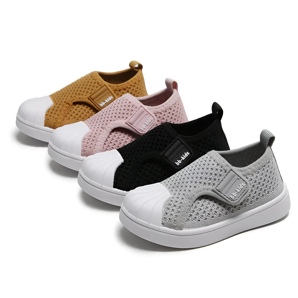 Children's striped casual sneakers with soft PVC non-slip sole in yellow, grey, black, or rubber powder.