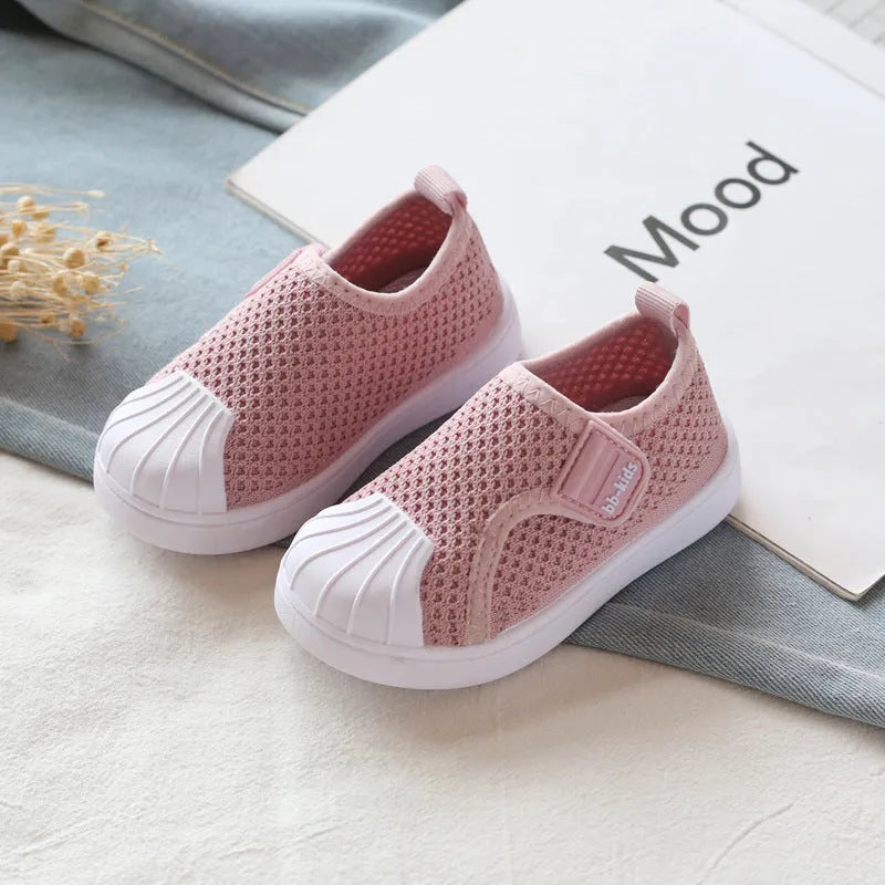 Children's striped casual sneakers with soft PVC non-slip sole in yellow, grey, black, or rubber powder.