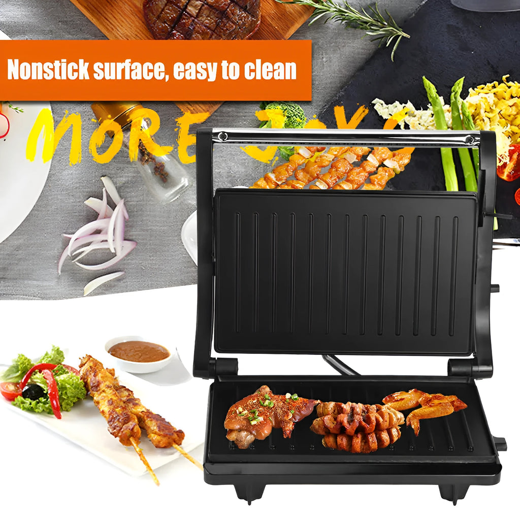 Nonstick electric grill steak maker in black with adjustable temperature control and power cord wrap
