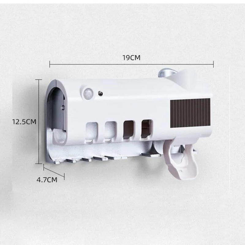 Black intelligent UV toothbrush steriliser and automatic toothpaste squeezer unit mounted on a bathroom wall.