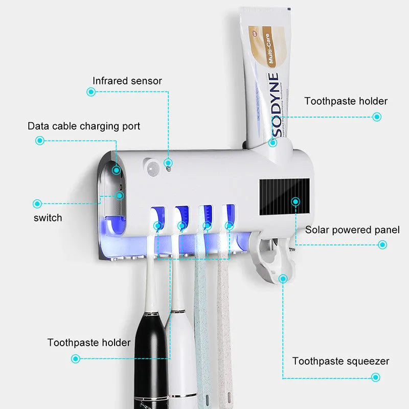 Black intelligent UV toothbrush steriliser and automatic toothpaste squeezer unit mounted on a bathroom wall.