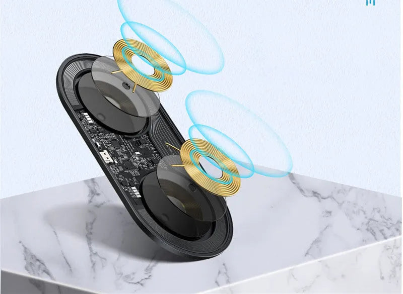 Baseus minimalist 2-in-1 wireless charger for phones and pods in black, transparent, or white
