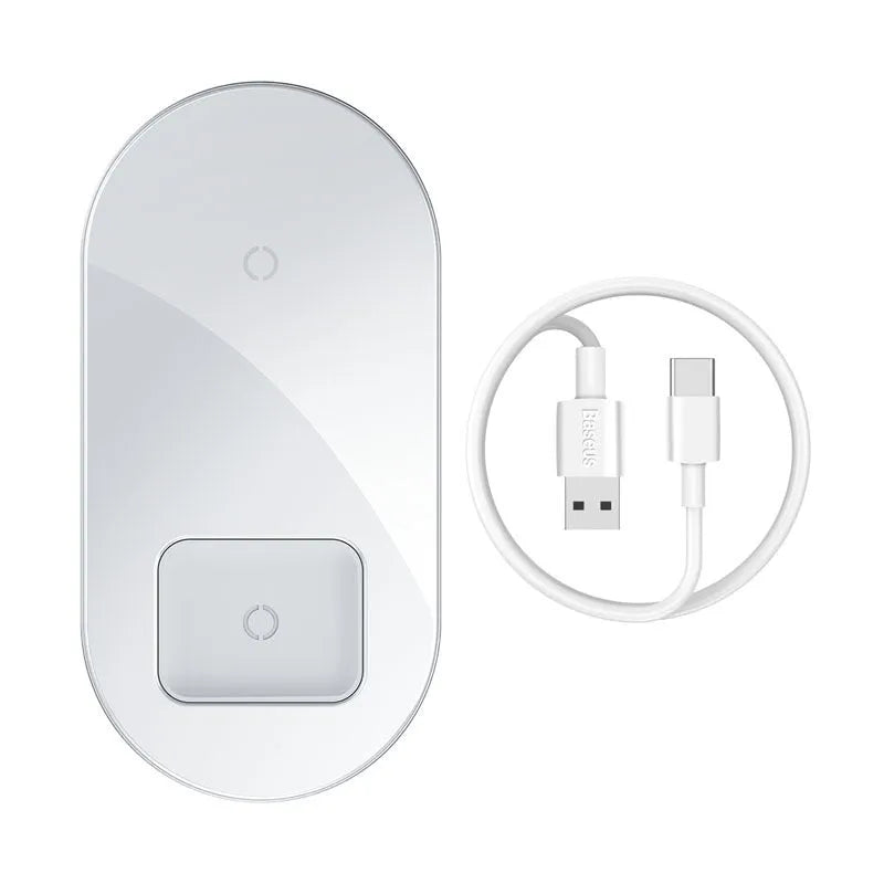 Baseus minimalist 2-in-1 wireless charger for phones and pods in black, transparent, or white
