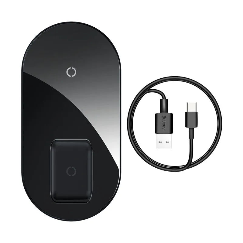 Baseus minimalist 2-in-1 wireless charger for phones and pods in black, transparent, or white