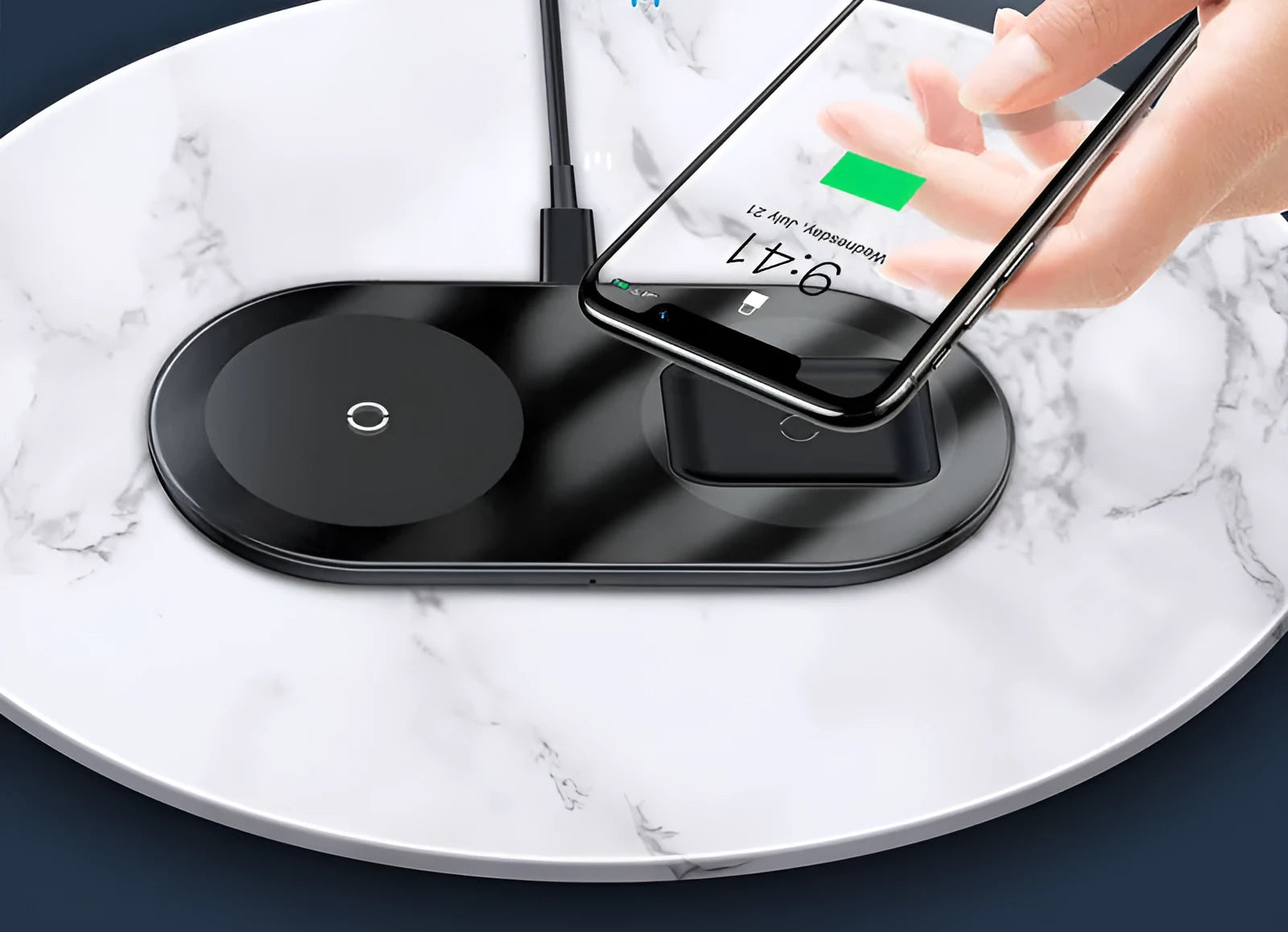 Baseus minimalist 2-in-1 wireless charger for phones and pods in black, transparent, or white