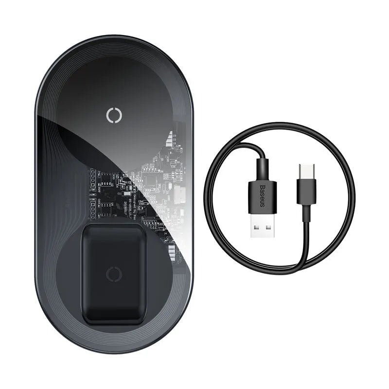 Baseus minimalist 2-in-1 wireless charger for phones and pods in black, transparent, or white