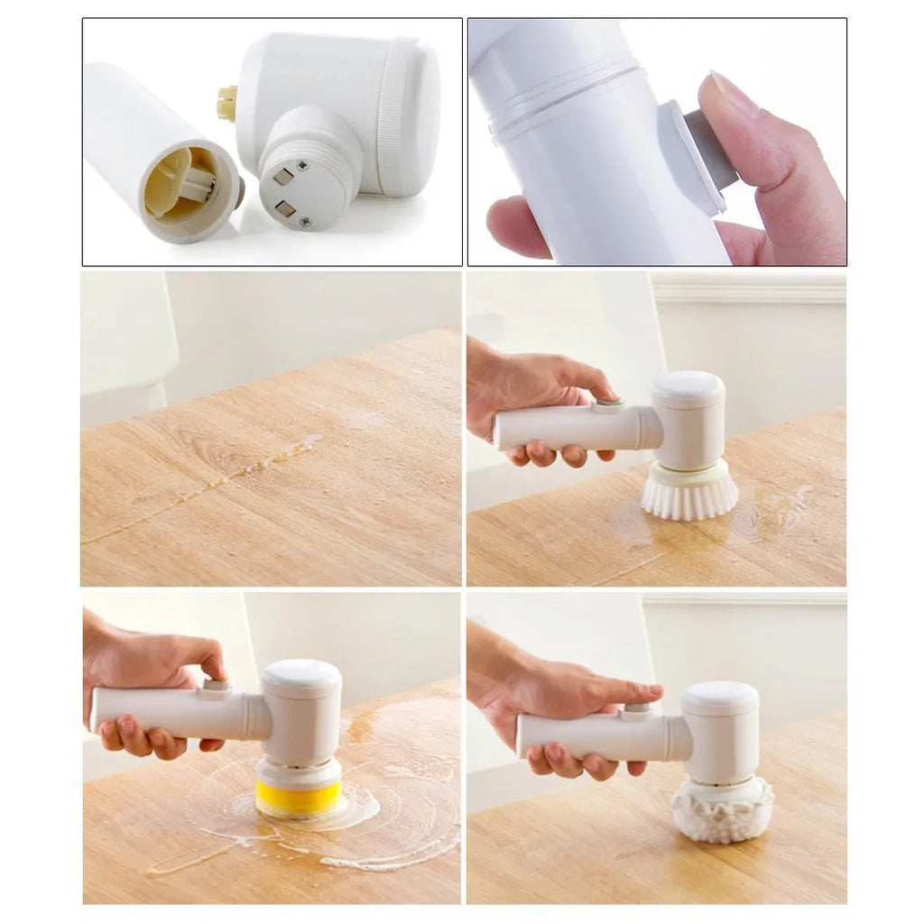 White cordless electric cleaning brush with three interchangeable brush heads on a bathroom sink