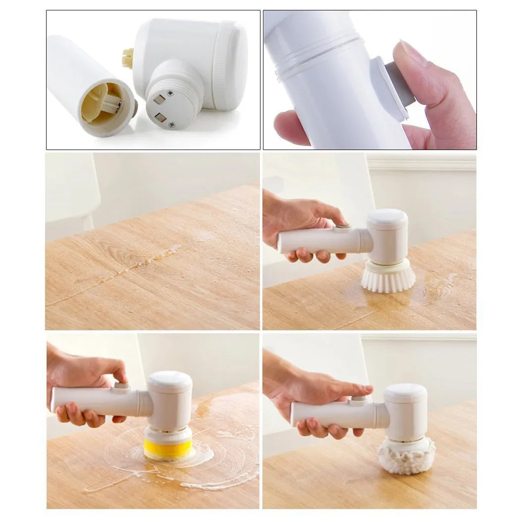 White cordless electric cleaning brush with three interchangeable brush heads on a bathroom sink