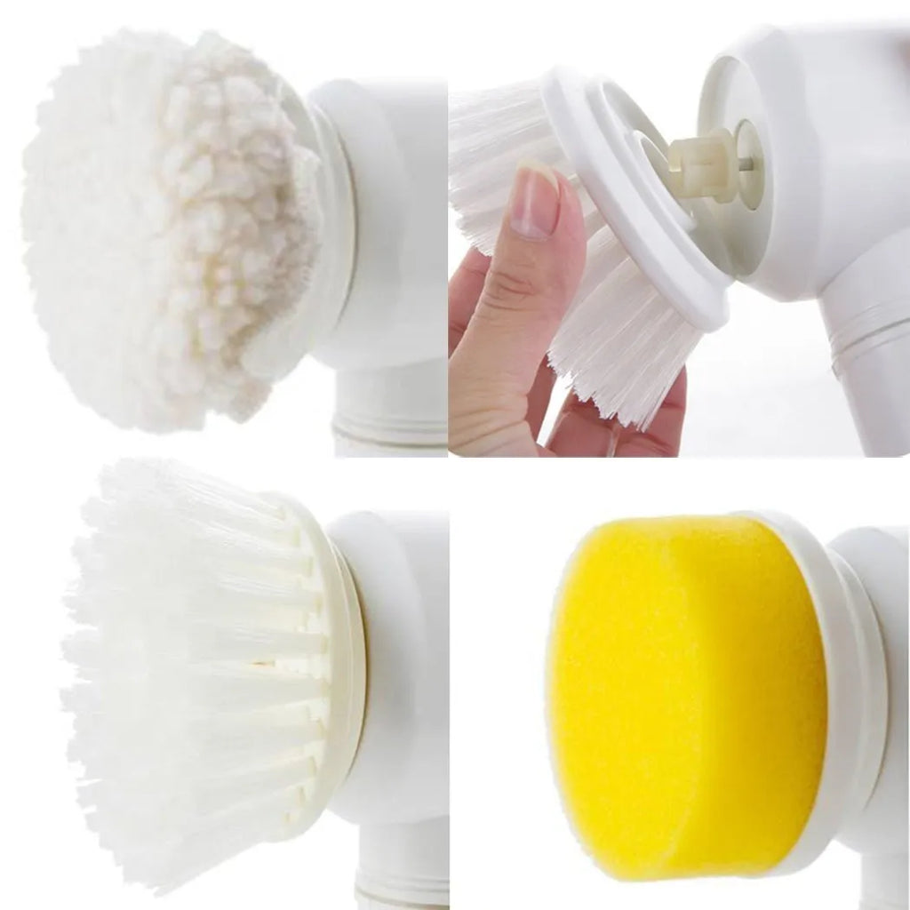 White cordless electric cleaning brush with three interchangeable brush heads on a bathroom sink