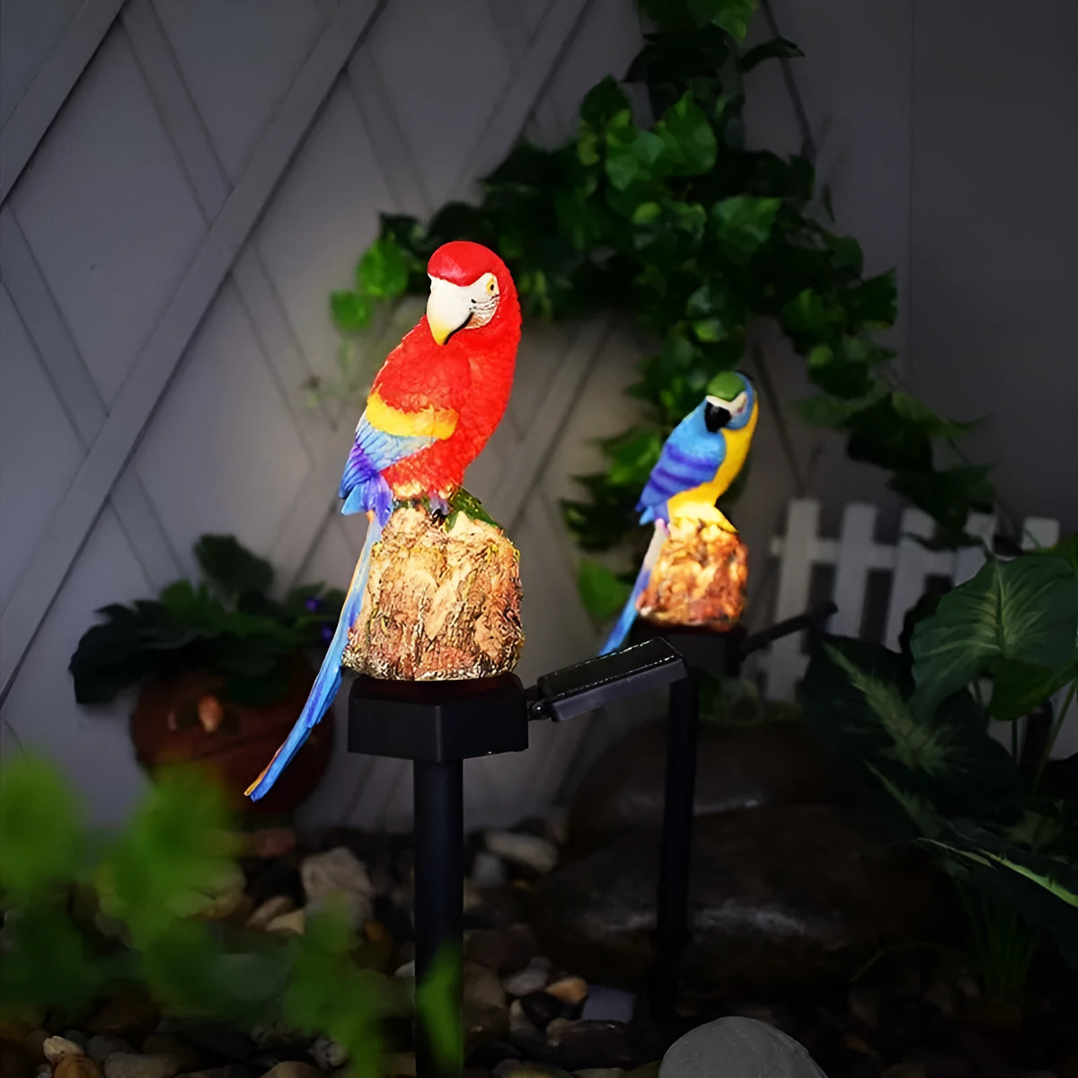 Hand-painted resin parrot solar light for garden lawn decoration, available in blue red yellow colours