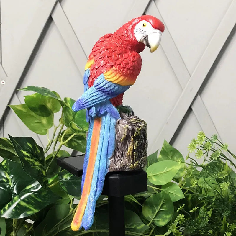 Hand-painted resin parrot solar light for garden lawn decoration, available in blue red yellow colours