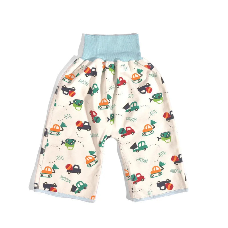 Blue car print training pants with wide elastic waistband for babies 0-5 years