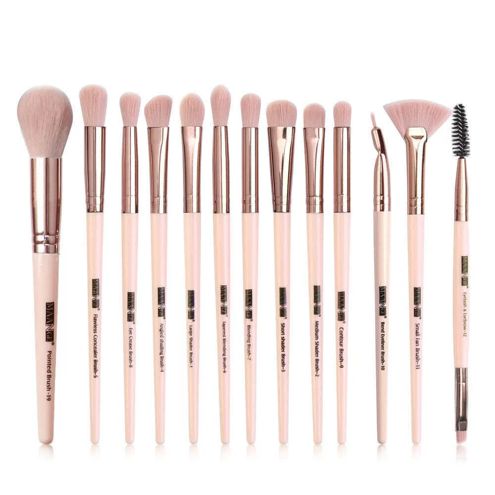 13 piece eye makeup brush set with nylon bristles and plastic handles in pink rose gold finish