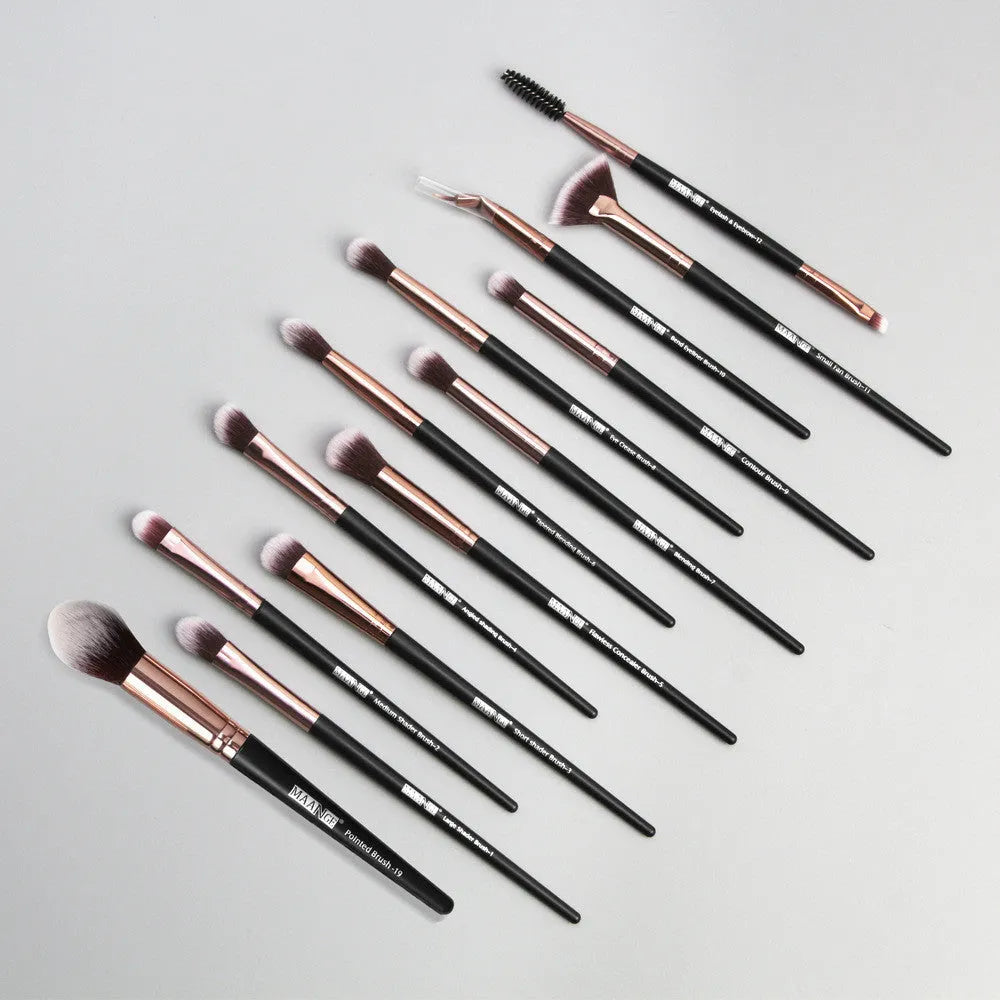 13 piece eye makeup brush set with nylon bristles and plastic handles in pink rose gold finish