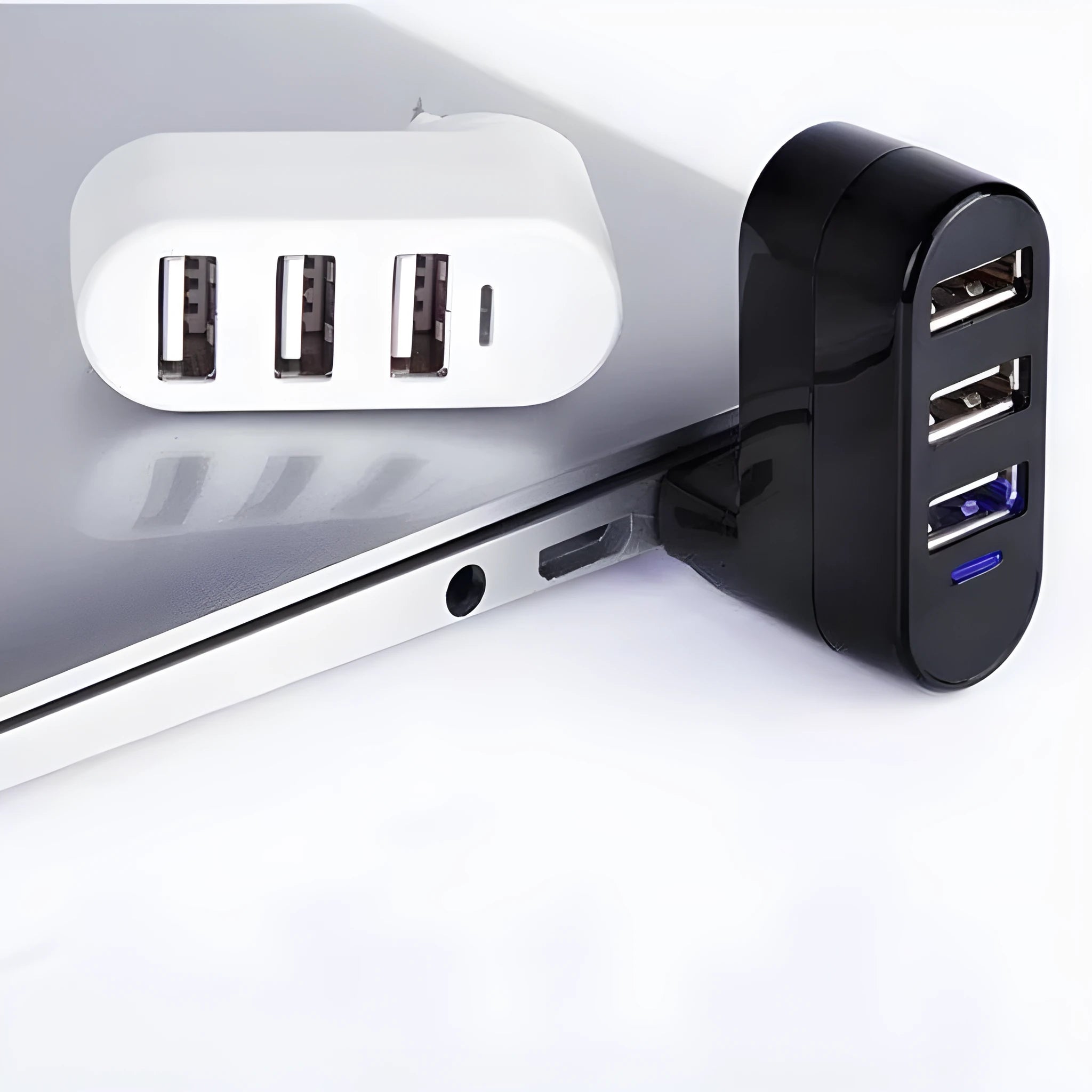 USB hub splitter with multiple ports in black or white colour options