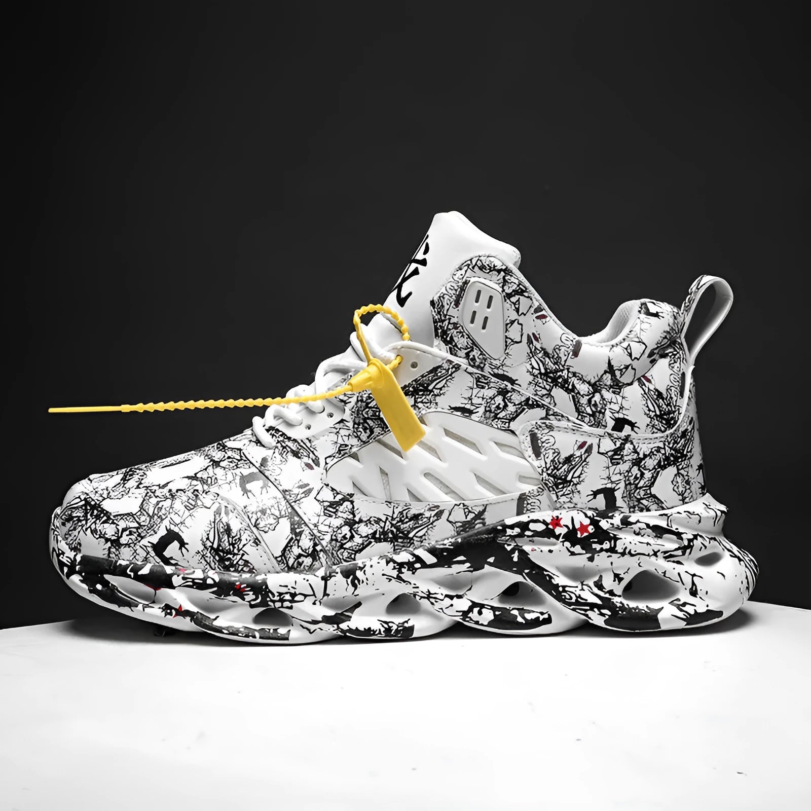 Men's black camouflage high-top basketball shoes with a rubber sole, shown on a white background.