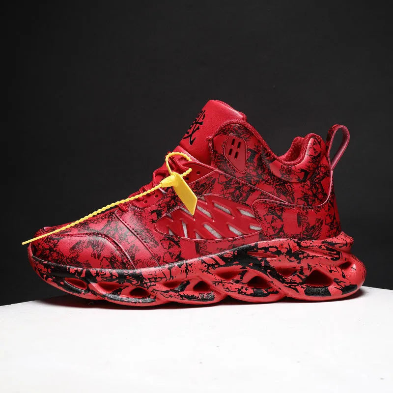 Men's black camouflage high-top basketball shoes with a rubber sole, shown on a white background.