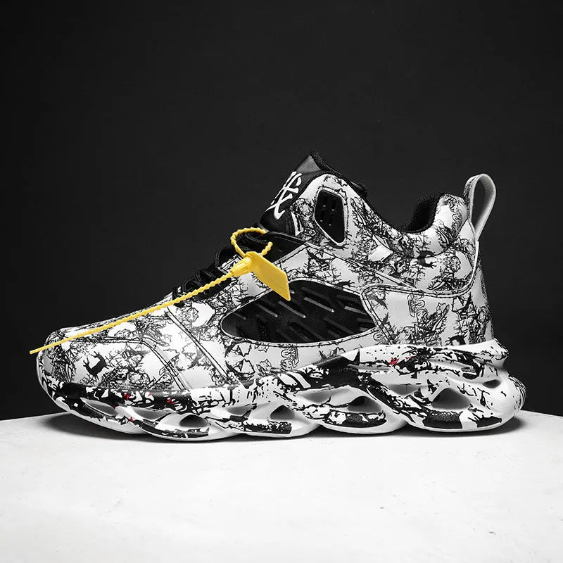 Men's black camouflage high-top basketball shoes with a rubber sole, shown on a white background.