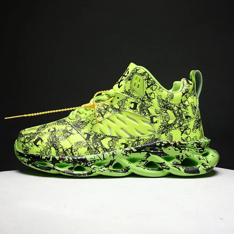 Men's black camouflage high-top basketball shoes with a rubber sole, shown on a white background.
