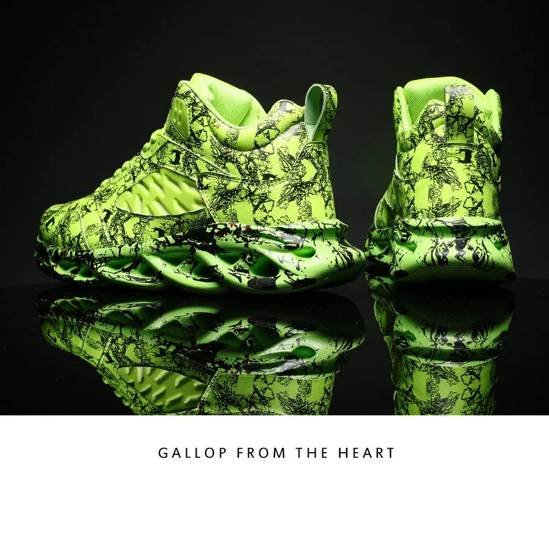 Men's black camouflage high-top basketball shoes with a rubber sole, shown on a white background.
