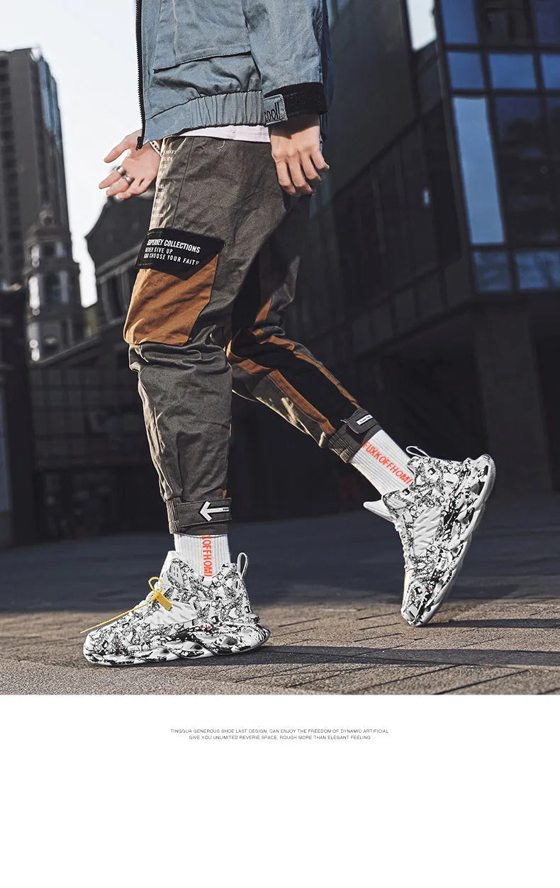 Men's black camouflage high-top basketball shoes with a rubber sole, shown on a white background.