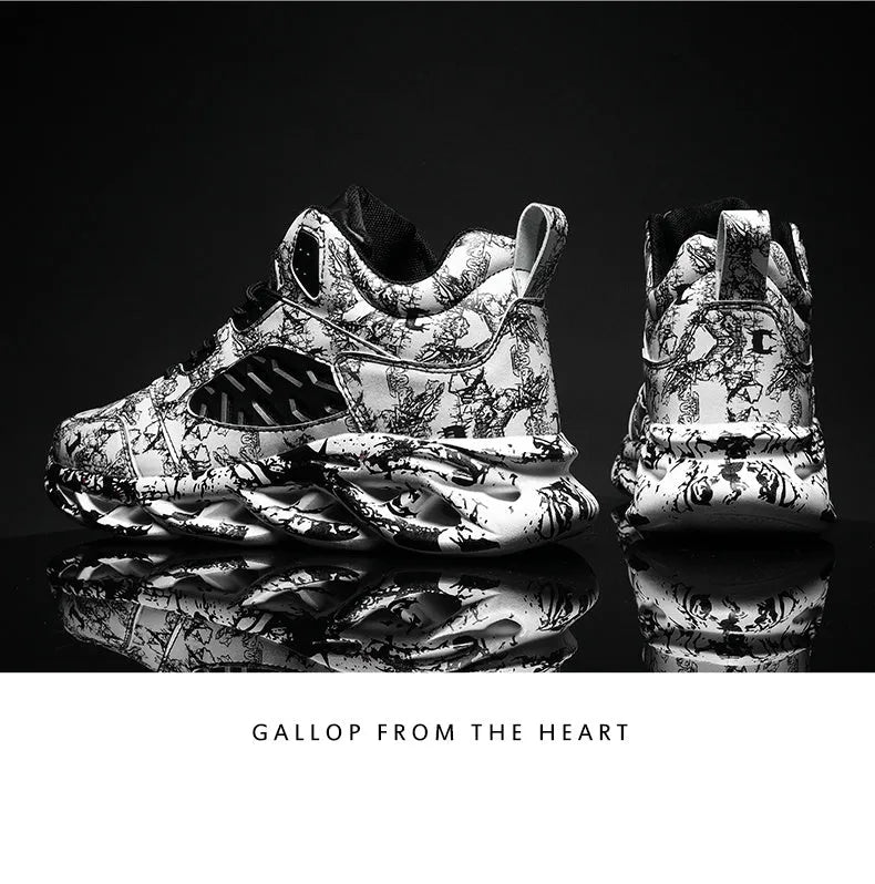Men's black camouflage high-top basketball shoes with a rubber sole, shown on a white background.