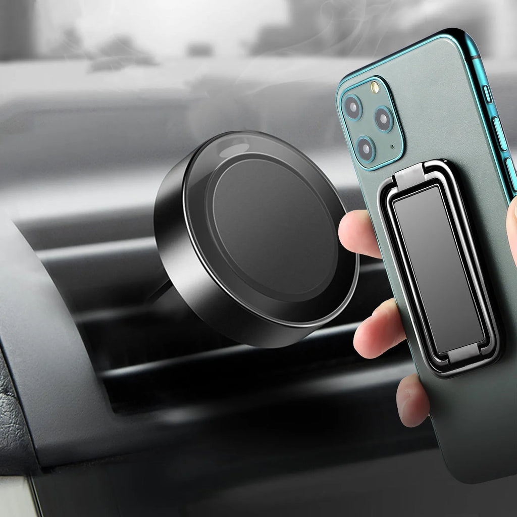 Double ring folding mobile phone holder with square ring buckle in electroplated black finish on a desktop