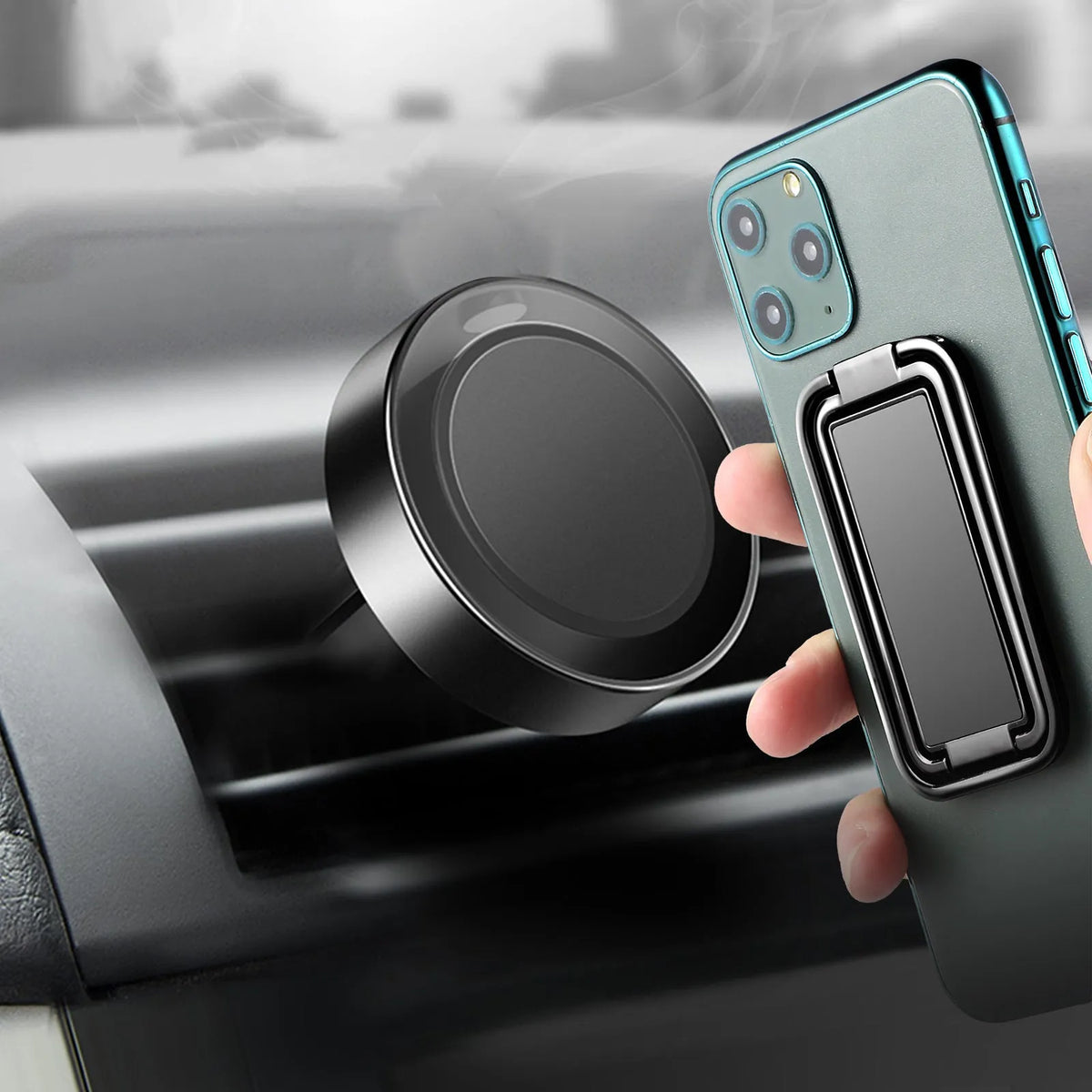 Double ring folding mobile phone holder with square ring buckle in electroplated black finish on a desktop