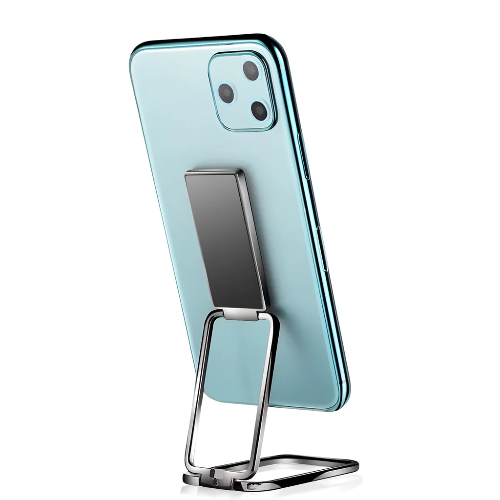 Double ring folding mobile phone holder with square ring buckle in electroplated black finish on a desktop