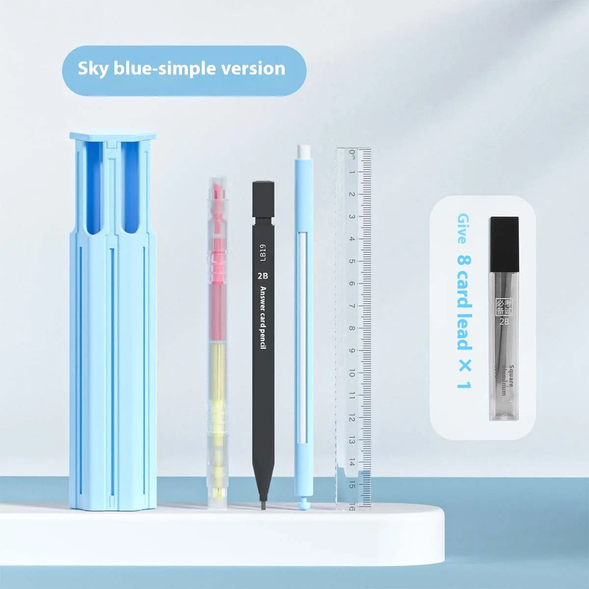 Plastic pencil case kit with pressing pen slots holding six pens in sky blue colour
