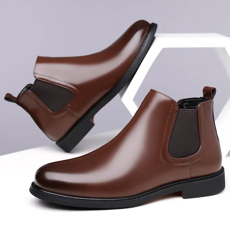 Men's brown fleece-lined Martin boots with tassel detail, rubber sole, and PU leather upper for outdoor use