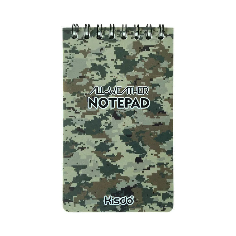 Spiral-bound waterproof office notepad with stone paper, shown in camouflage colour option.
