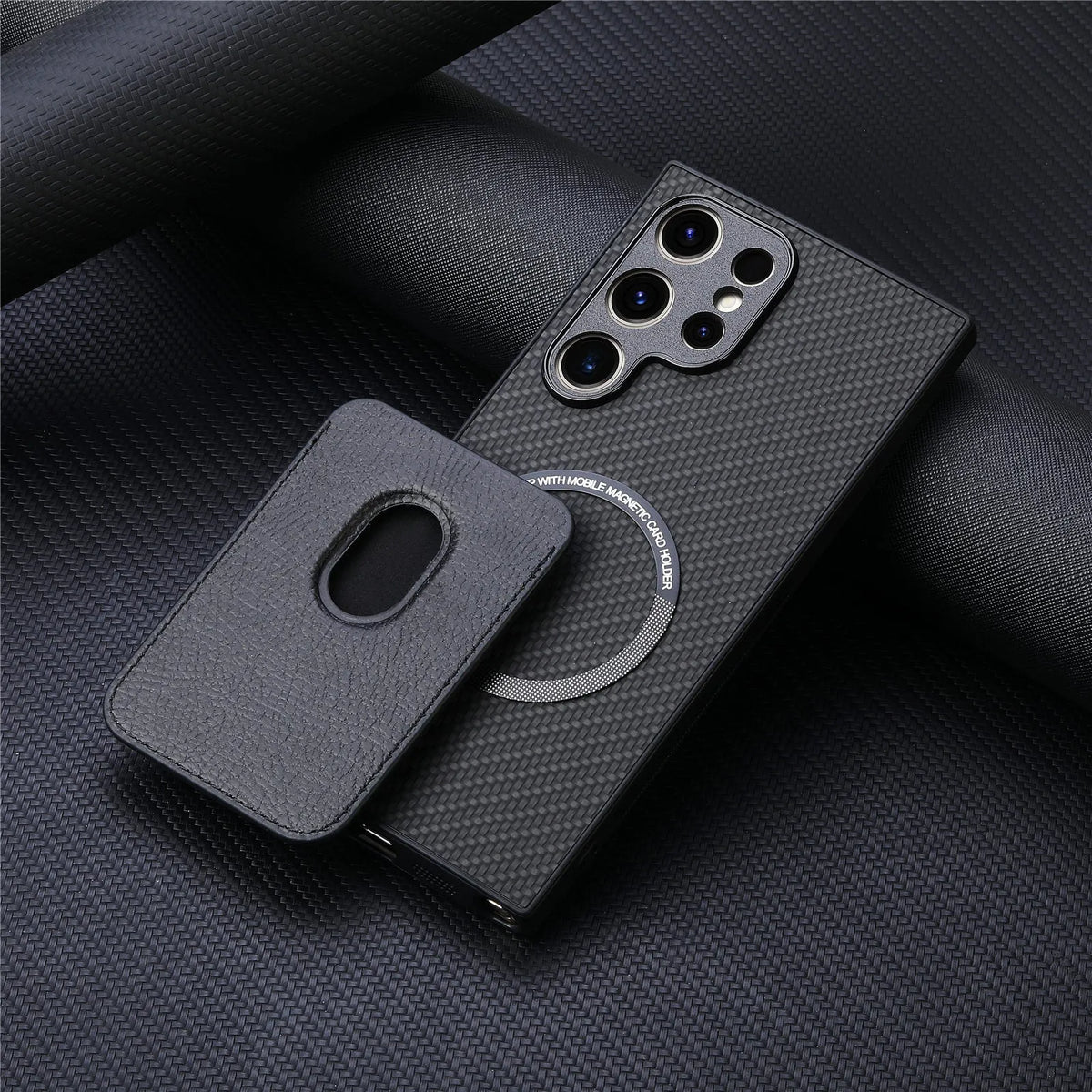 Samsung phone case with two-in-one suction Magsafe card holder in leather finish, black colour, side view