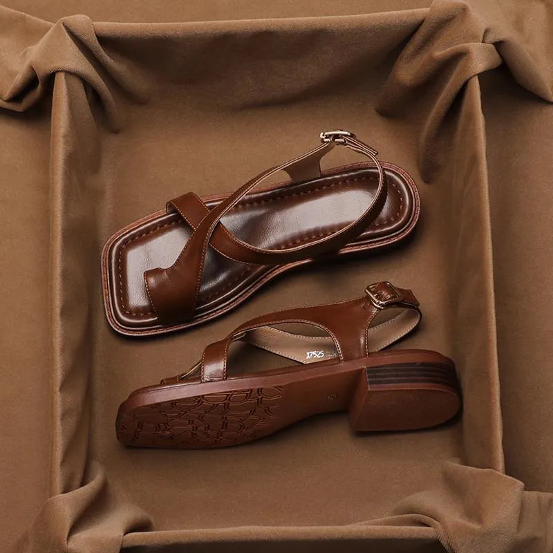 French retro brown toe ring sandals with ankle-strap buckle and square toe