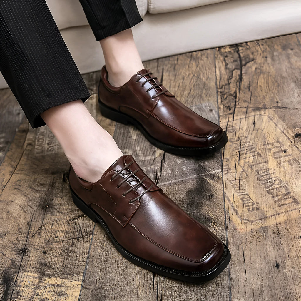 Men's black square toe low-top business casual shoes with artificial PU upper and rubber sole