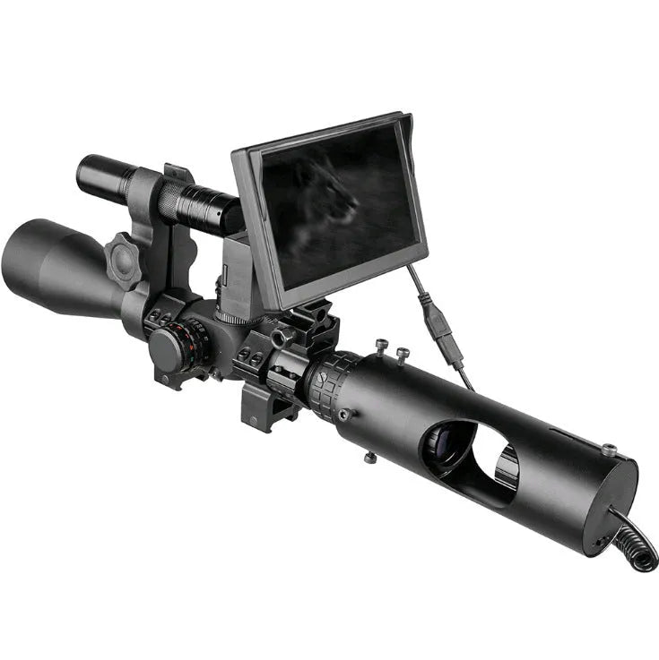 Black digital night vision goggles with 5-inch LCD display and infrared transmitter