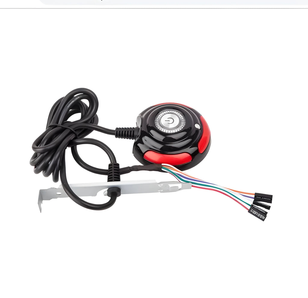 Black and red desktop computer switch with on/off button, reset button and 1.6m cable