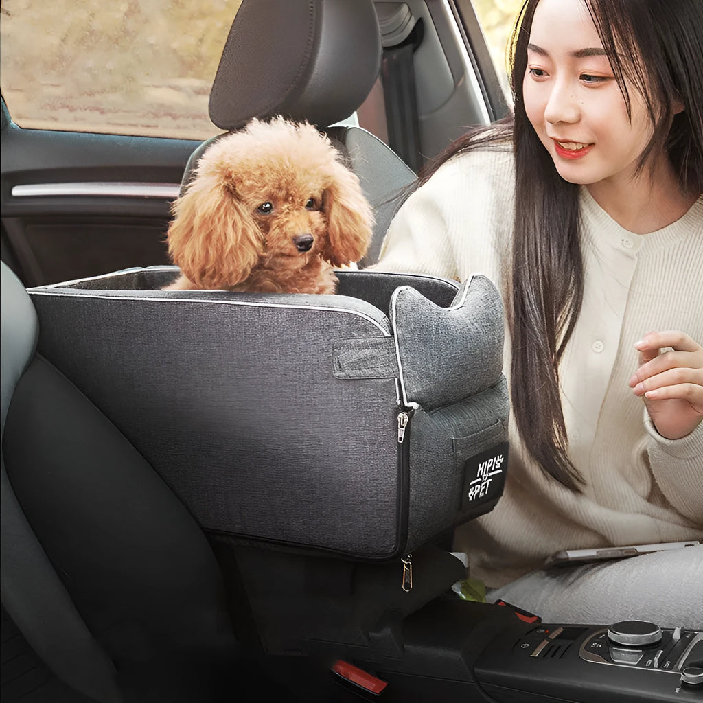 Oval beige car pet mat and dog house measuring 42x20x22cm on a car seat