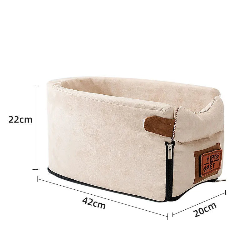 Oval beige car pet mat and dog house measuring 42x20x22cm on a car seat