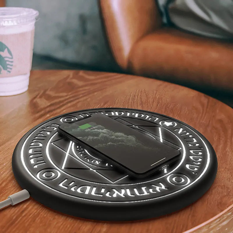 10W fast wireless charger with glowing magic array pattern on ultra-thin 25cm square base