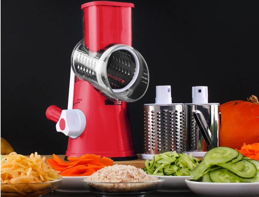 Round mandoline vegetable slicer with three stainless steel blades and suction cup base