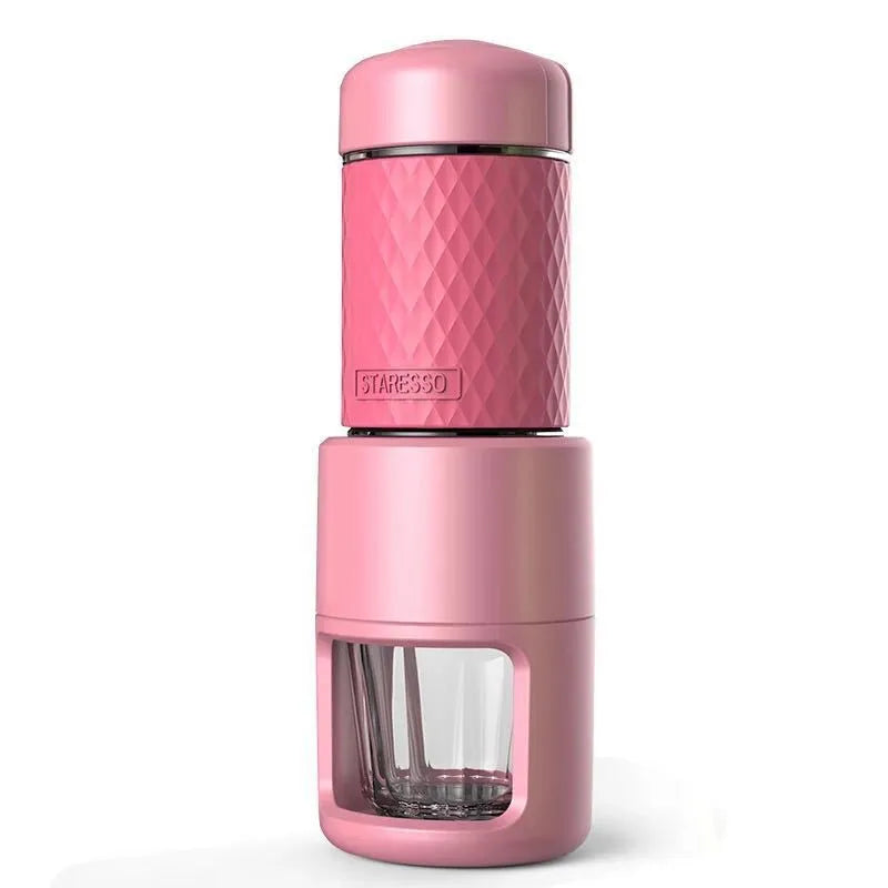 Portable manual espresso coffee machine in four colours with compact stainless steel design.