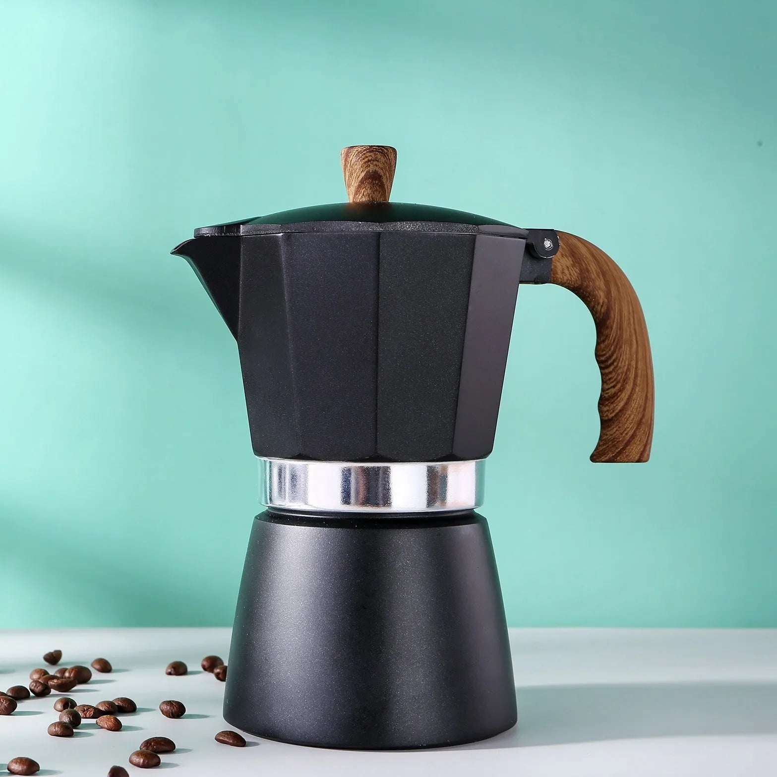 Italian style aluminium mocha coffee pot set with long handle in black, blue, red and white colours 150ml and 300ml
